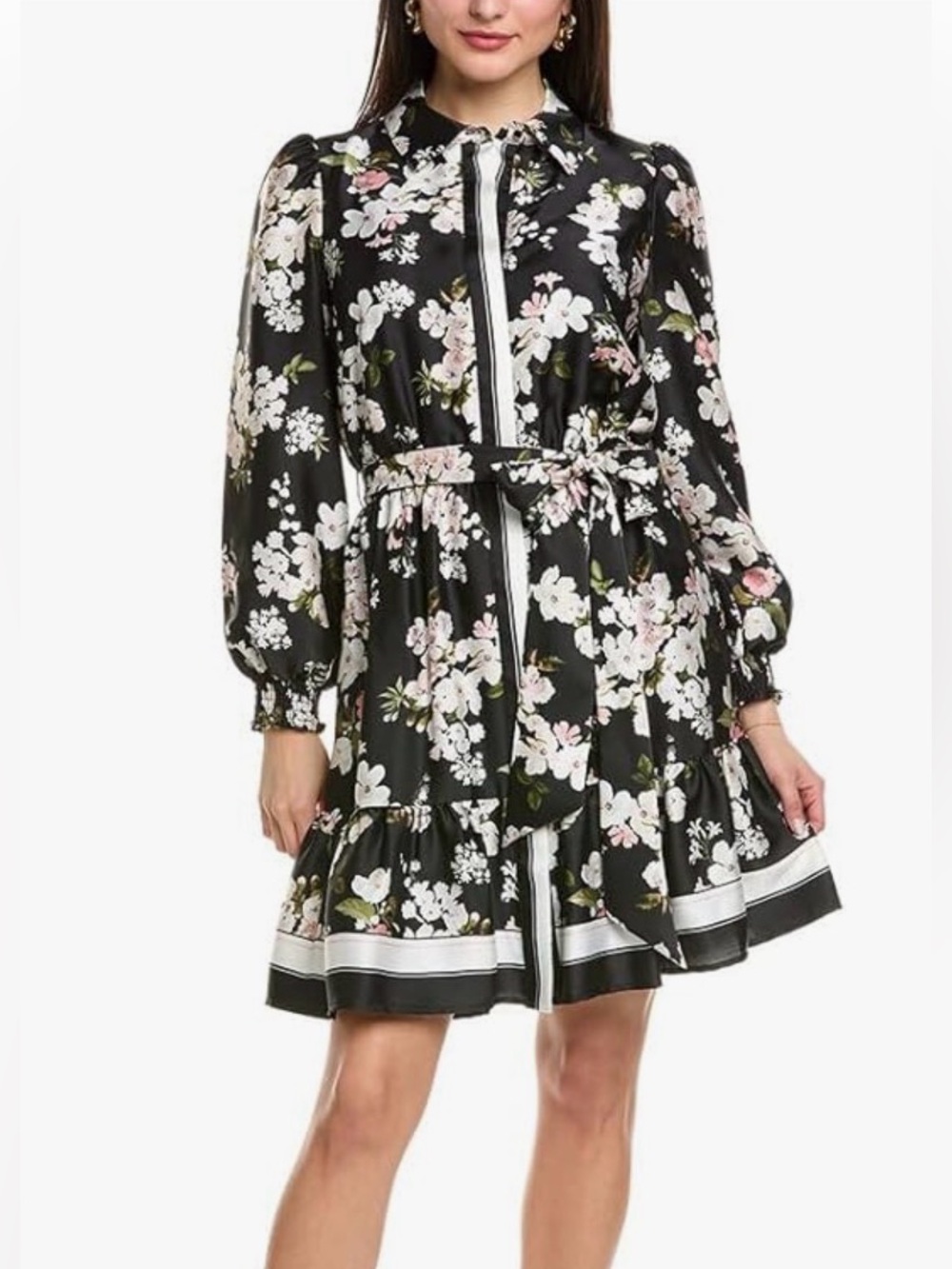 Anne Klein Floral Print Long Sleeve Shirtdress in Black Multi.